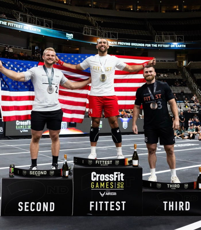 Brute Strength athletes celebrating after sweeping the top two podium spots at the 2026 CrossFit Games