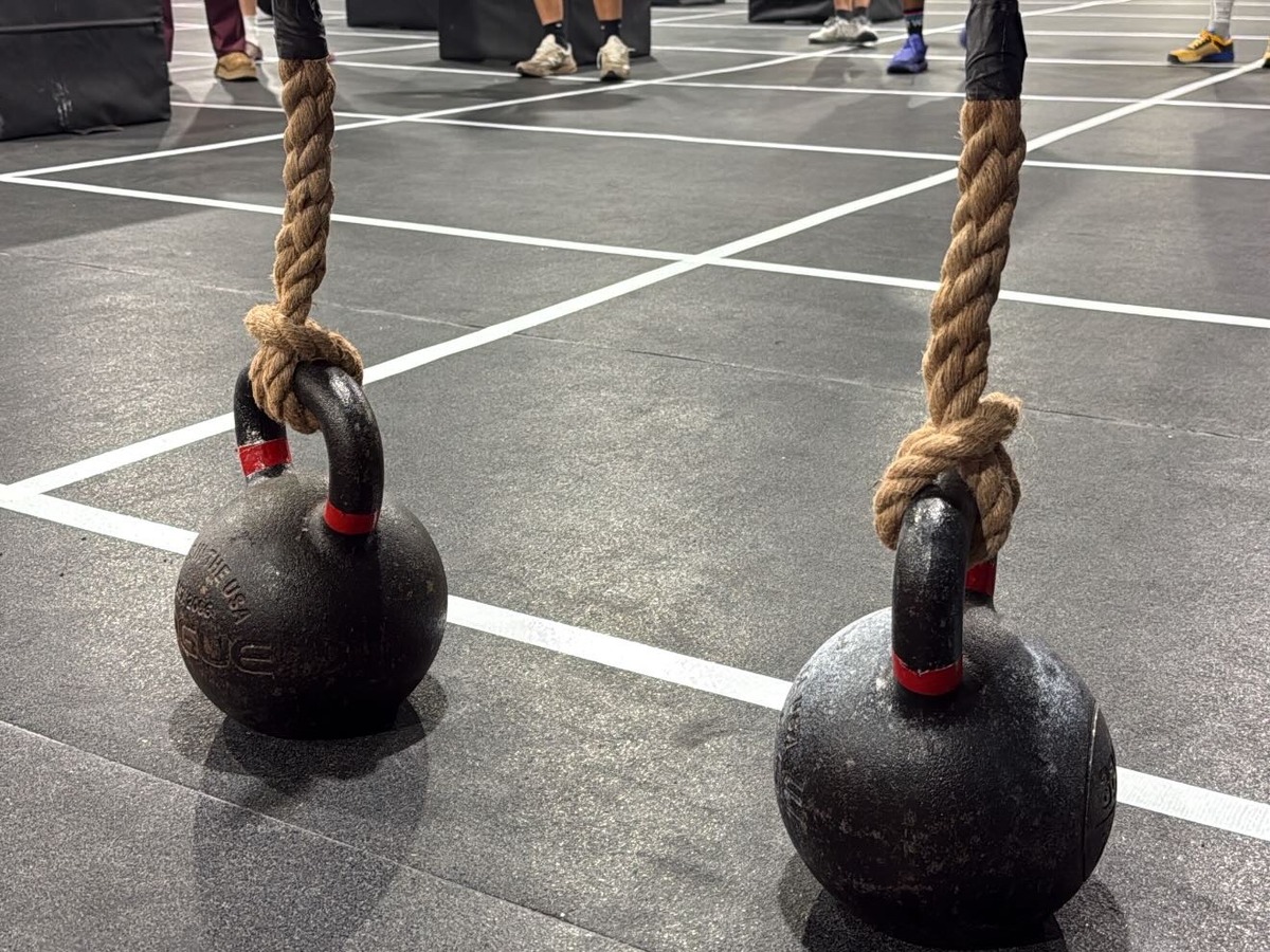 Rope handles attached to kettlebell handles for the Crash Crucible Event 4 farmers carry