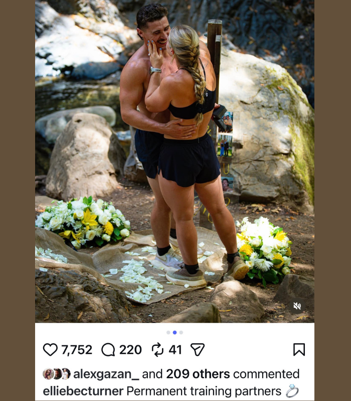 Justin Medeiros and Ellie Turner engagement post graphic