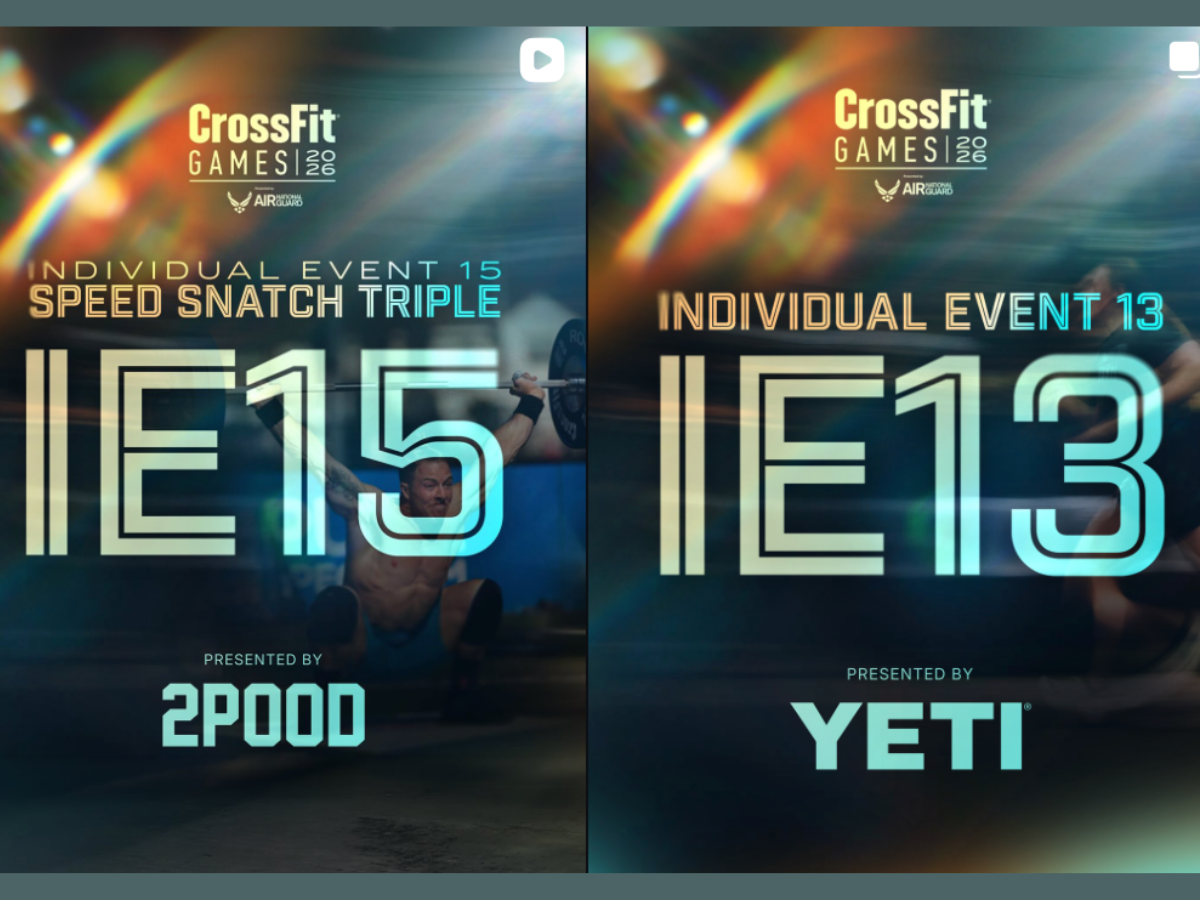 2026 CrossFit Games programming graphic for Individual Event 13 and Individual Event 15