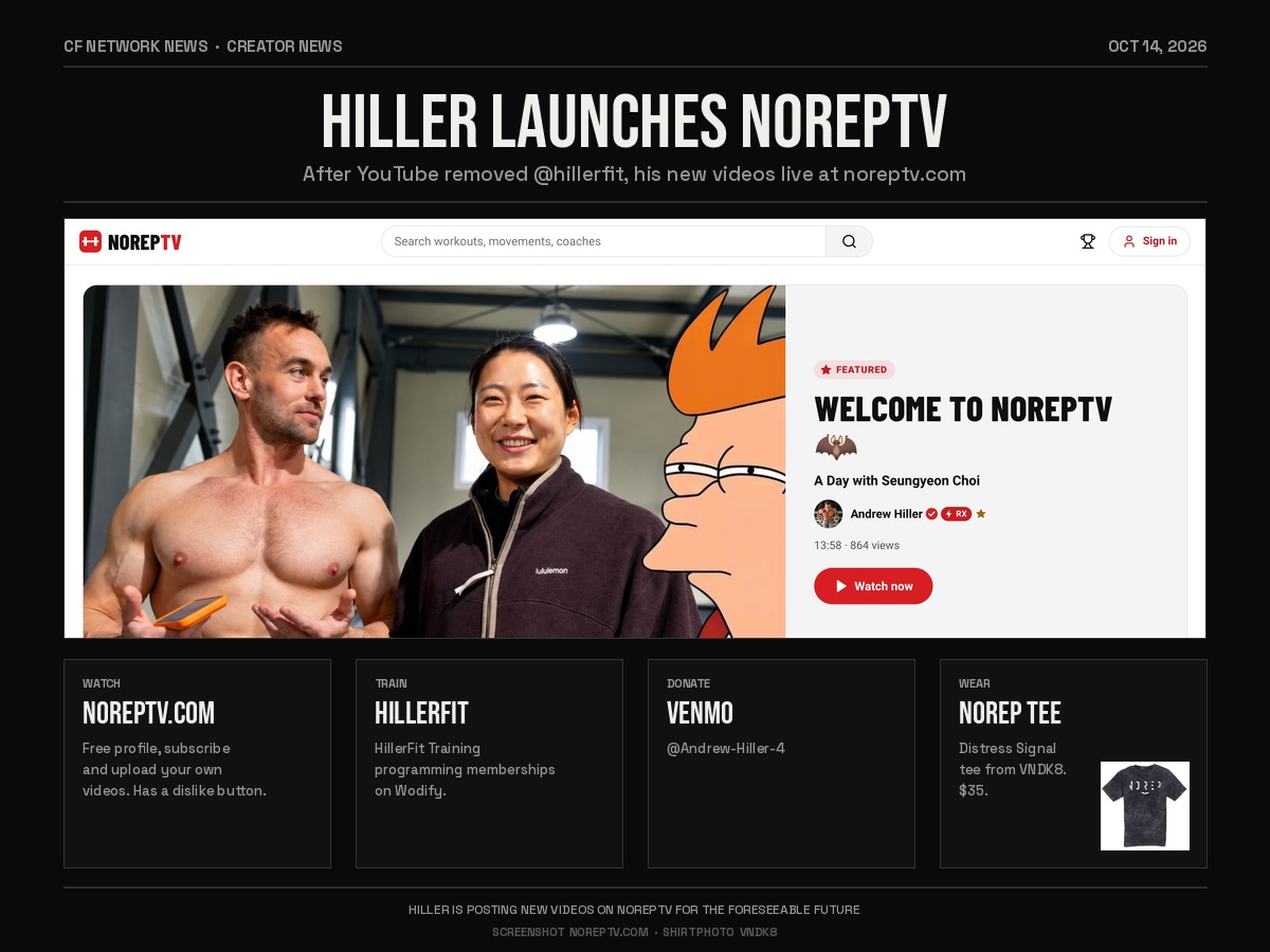 NoRepTV homepage featuring Andrew Hiller with ways to support him