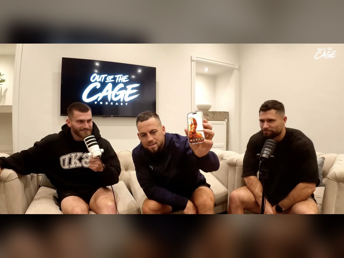 Out of the Cage podcast hosts on a video call with Roman Khrennikov