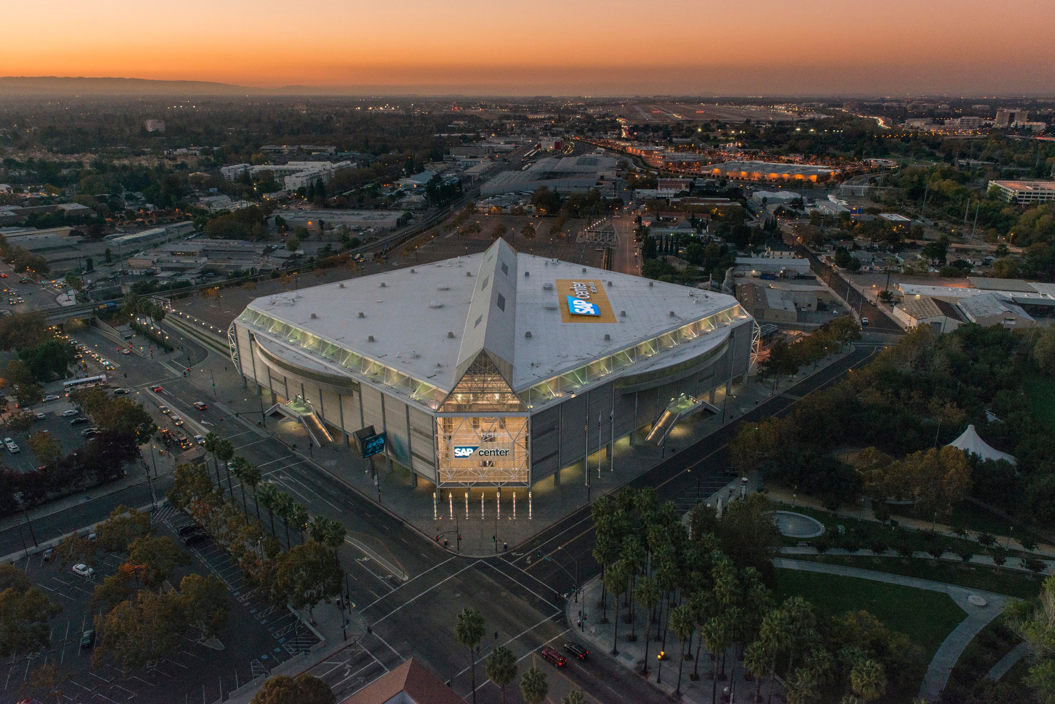 SAP Center San Jose aerial view at sunset